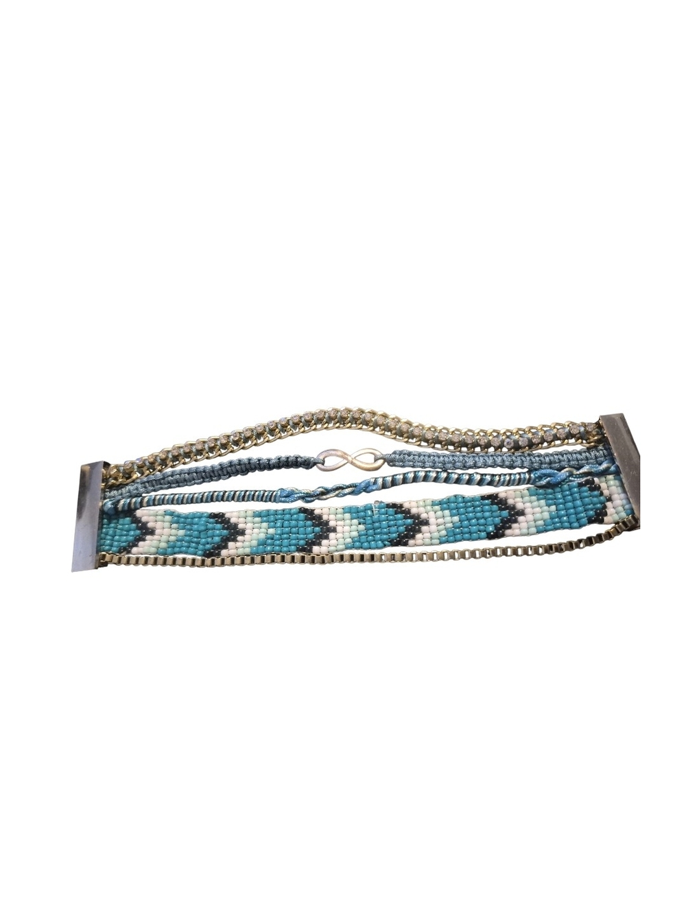 Turquoise and Cream Beaded Multistrand Bracelet with Gold Chain